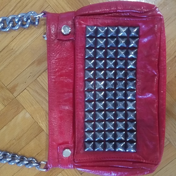 Tylie Malibu Red Patent leather Studded Chain Crossbody Bag - Picture 10 of 12